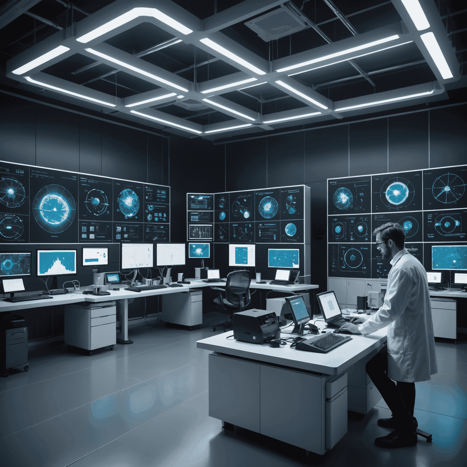 A futuristic laboratory with scientists working on advanced qubetics equipment. Holographic displays show complex quantum calculations and 3D models of qubetic structures.