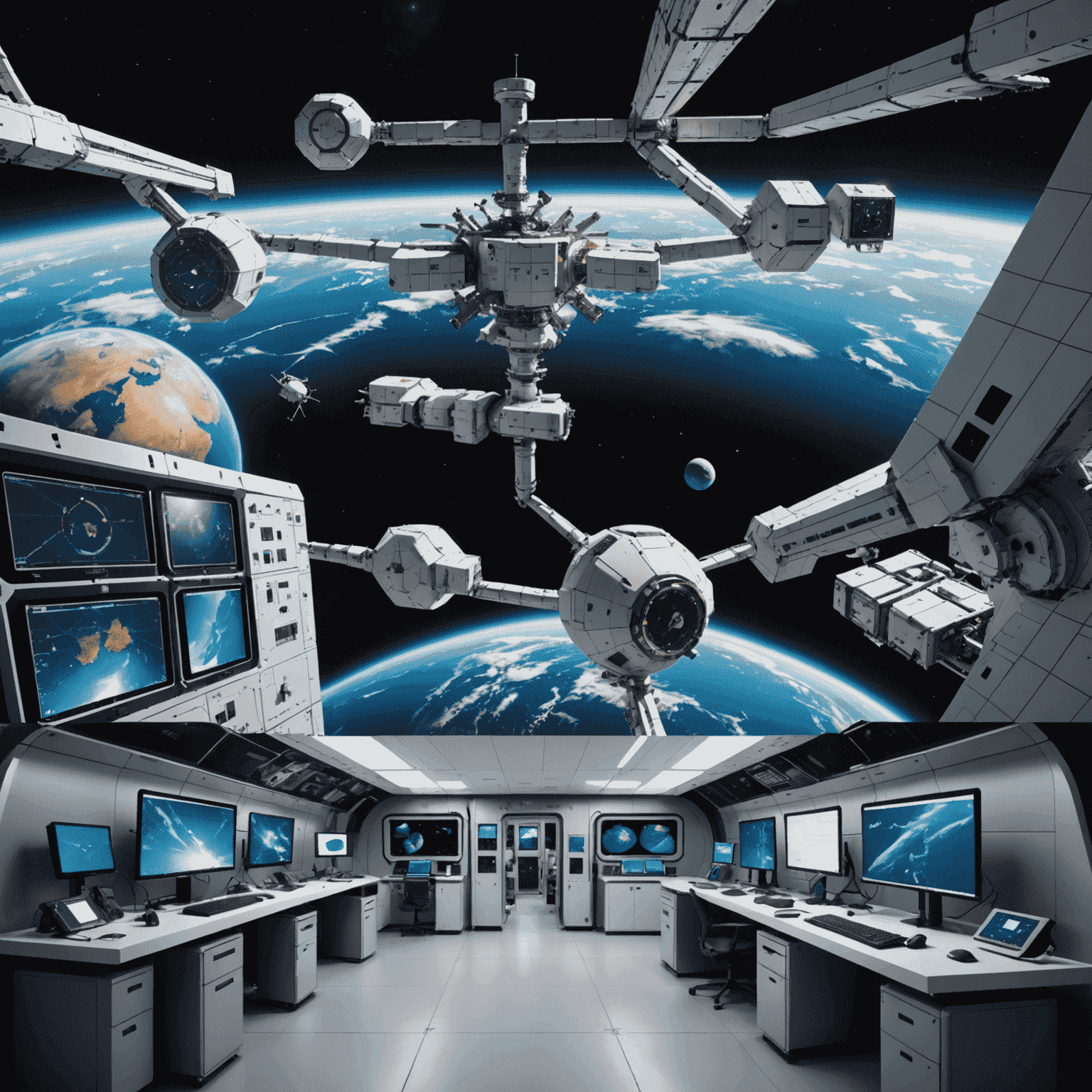 A split-screen image showing various applications of qubetics: advanced AI systems, detailed climate models, and a futuristic space station utilizing qubetic communication.