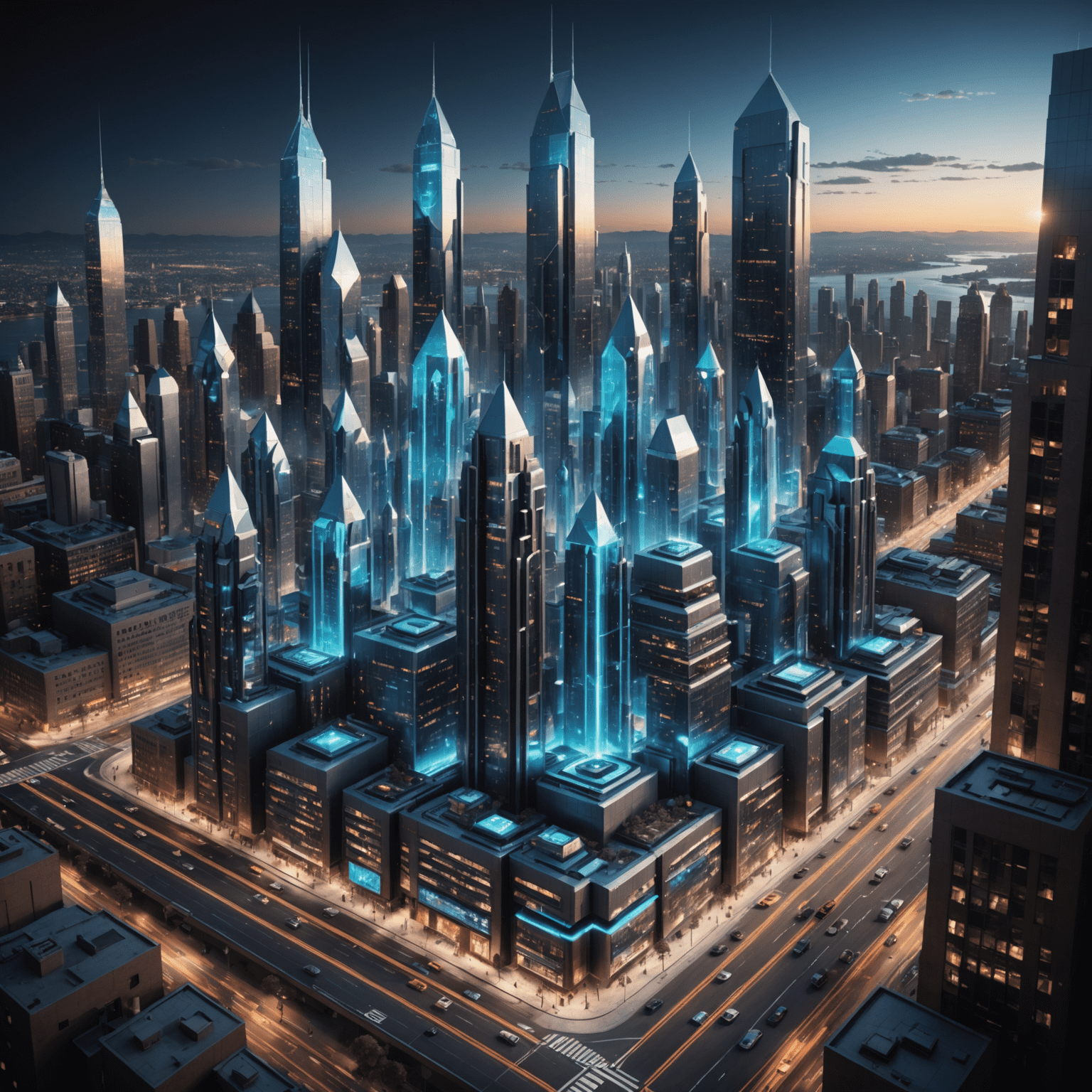 A visionary cityscape powered by qubetic technology, featuring holographic interfaces, quantum-powered vehicles, and buildings with intricate, glowing qubetic circuitry.